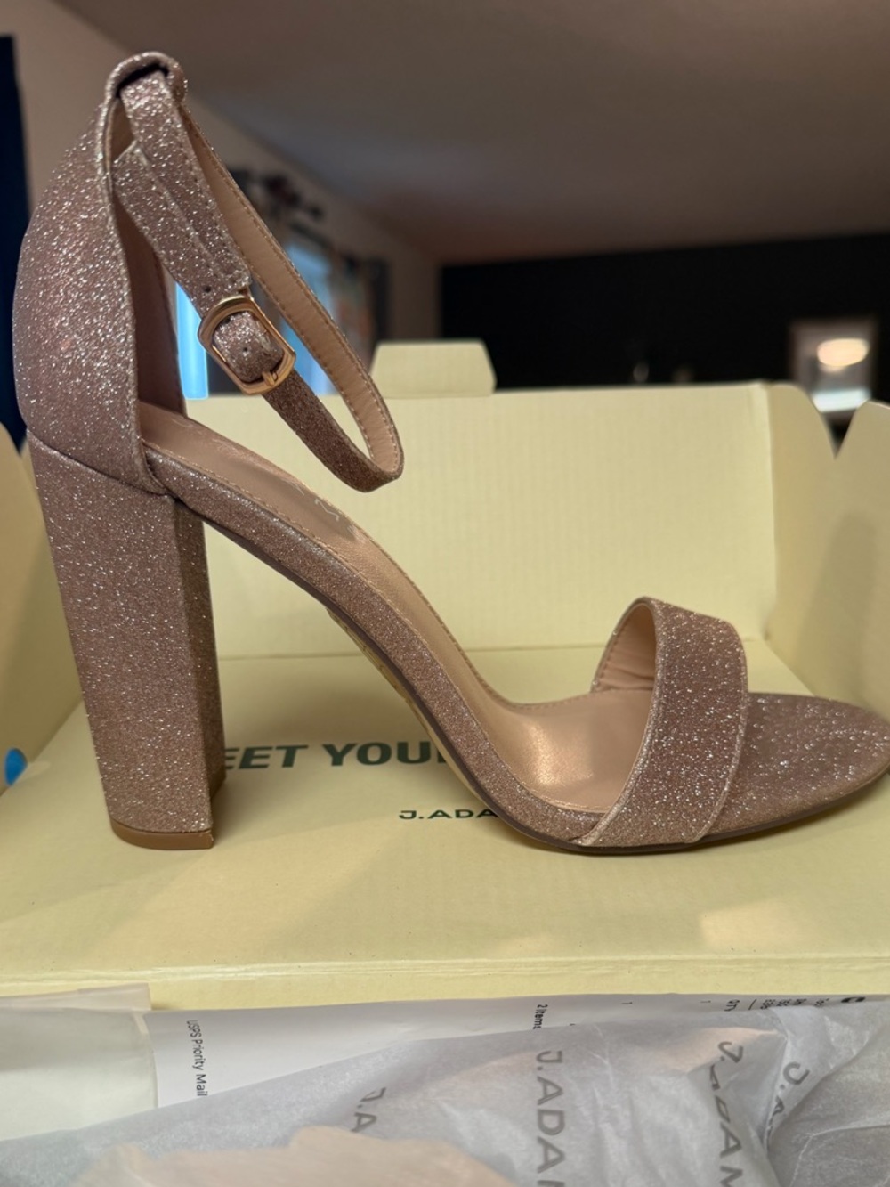 Adams Glitter Block Heel Ankle Strap Sandal in Rose